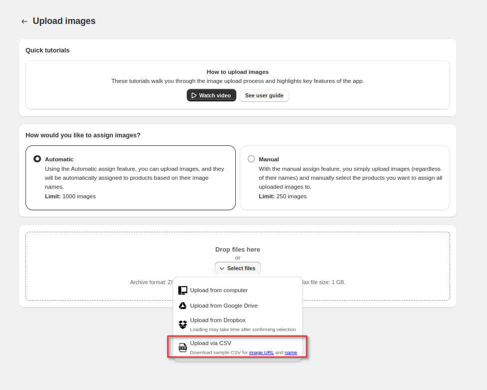 How can I upload images using a CSV file in the PicManager app?